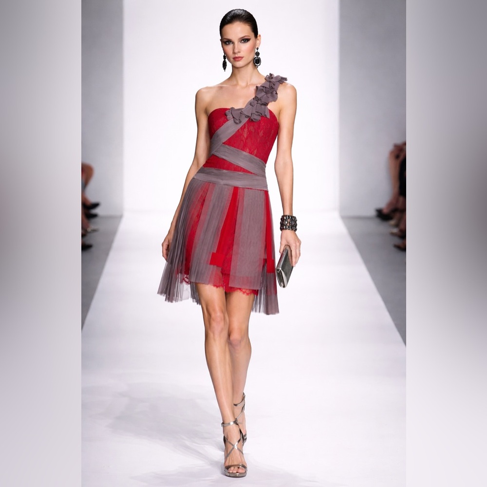 BCBGMAXAZRIA Crimson Runway Pleated Lace One-Shoulder Dress — NEW